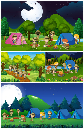 Scenes with kids camping in the park illustrationのイラスト素材
