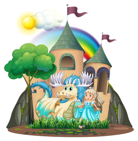Princess and beast by the castle illustrationのイラスト素材