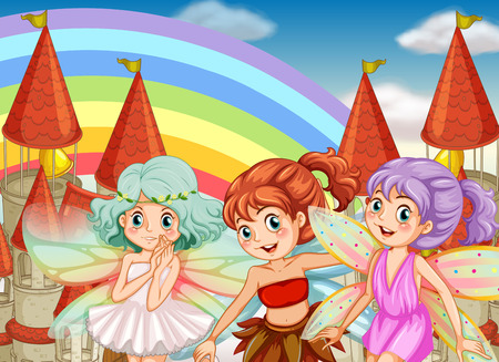 Three fairies and rainbow background illustrationのイラスト素材