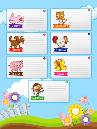 Farm animals and seven days of the week notes illustrationのイラスト素材