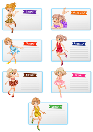 Seven days of the week template with cute fairies illustrationのイラスト素材