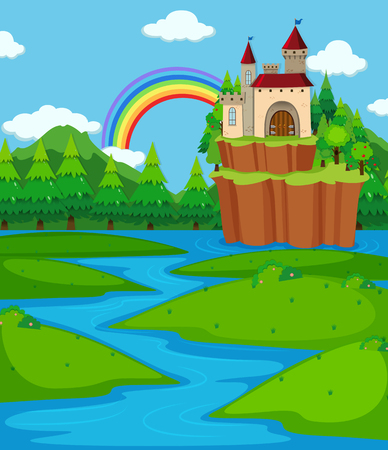 Background scene with castle towers and river illustrationのイラスト素材
