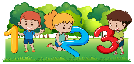 Happy children and numbers in the park illustrationのイラスト素材