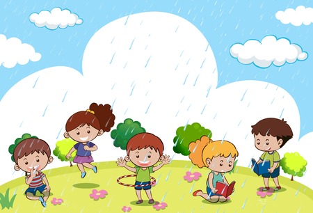 Happy children playing in the rain illustrationのイラスト素材