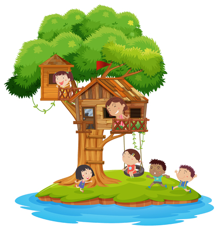 Children playing in the treehouse illustrationのイラスト素材
