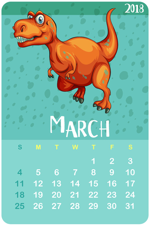 Calendar template for March with t-rex illustrationのイラスト素材