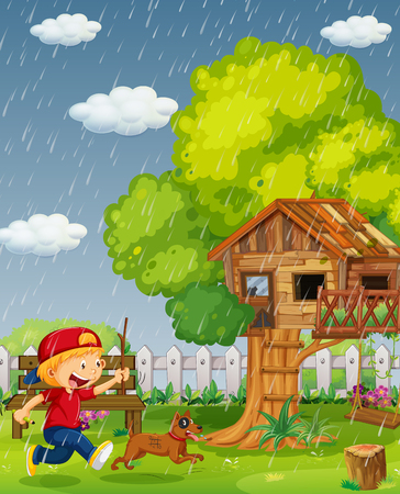 Boy and dog running in the park on rainy day illustrationのイラスト素材