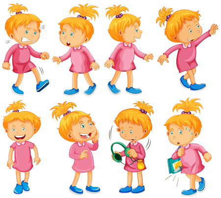 Girl in pink dress doing different things illustrationのイラスト素材