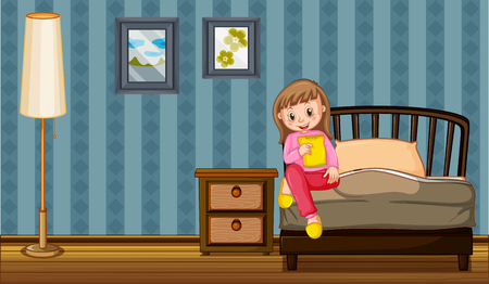 Girl eating snack in bedroom illustrationのイラスト素材