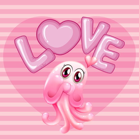 Romantic background with pink jellyfish and word love illustrationのイラスト素材