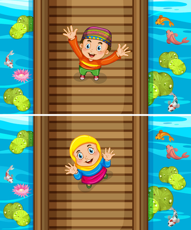 Two scenes of muslim boy and girl on the bridge illustrationのイラスト素材