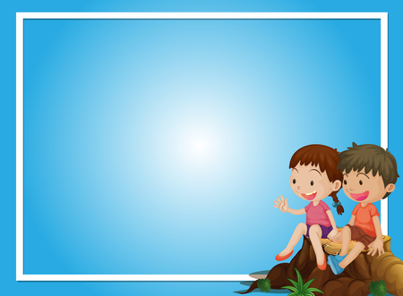 Blue background template with boy and girl on log illustrationのイラスト素材