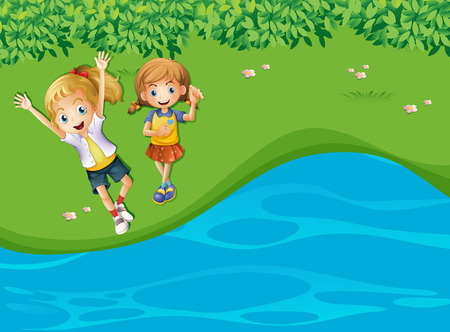 Two happy girls by the river illustrationのイラスト素材