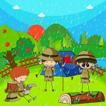 Children camping out on rainy day illustrationのイラスト素材