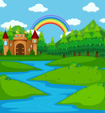 Castle towers by the river illustrationのイラスト素材