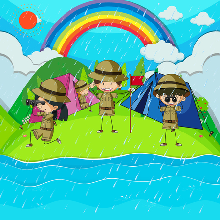 Rainy day with children camping out by the river  illustrationのイラスト素材