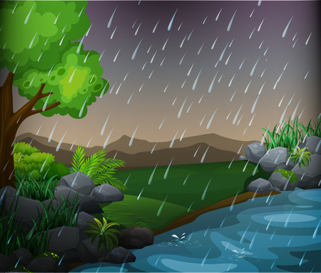 Nature scene with rainy day in the park illustrationのイラスト素材