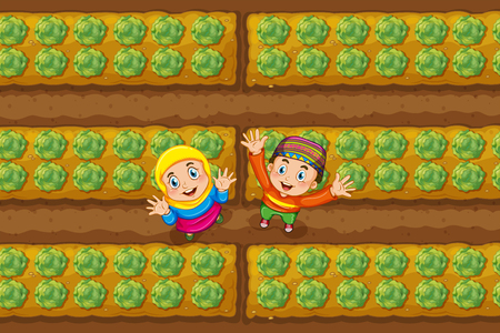 Two muslim kids in vegetable garden illustrationのイラスト素材