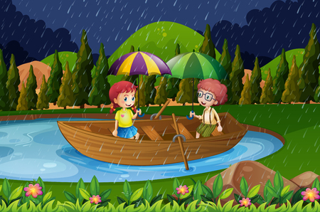 Rainy day with two kids in rowboat illustrationのイラスト素材