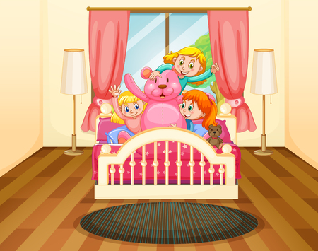 Three girls in bedroom with pink teddybear illustrationのイラスト素材