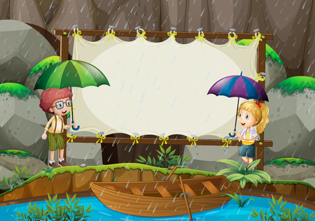 Banner template with kids in the rain illustrationのイラスト素材