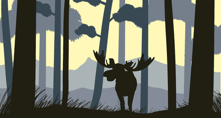 Silhouette scene with moose in forest illustrationのイラスト素材