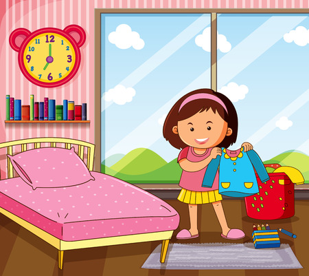 Little girl getting dress in bedroom illustrationのイラスト素材