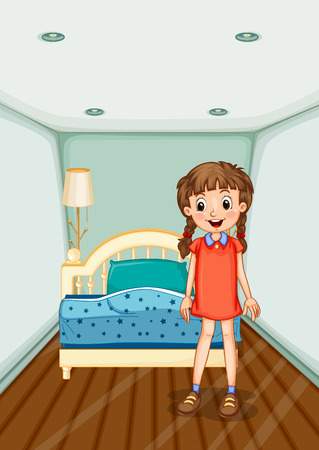 Girl standing in bedroom with blue bed illustrationのイラスト素材