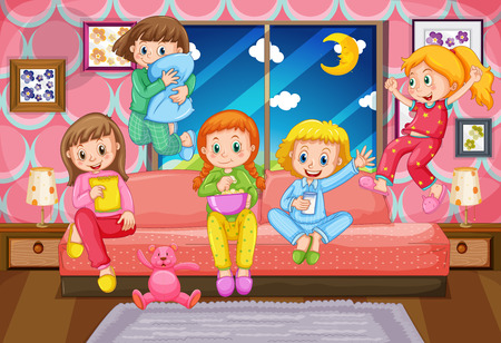 Five girls having slumber party at night illustrationのイラスト素材