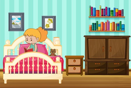 Girl reading book on her bed illustrationのイラスト素材