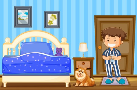 Boy and dog in blue bedroom illustrationのイラスト素材