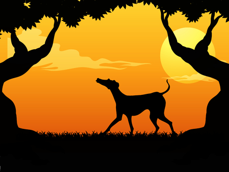 Silhouette scene with dog in the park at sunset illustrationのイラスト素材