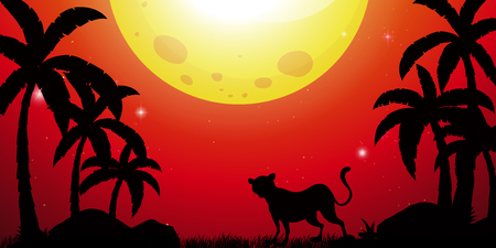 Silhouette scene with cheetah in forest illustrationのイラスト素材
