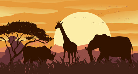 Silhouette scene with wild animals at sunset illustrationのイラスト素材