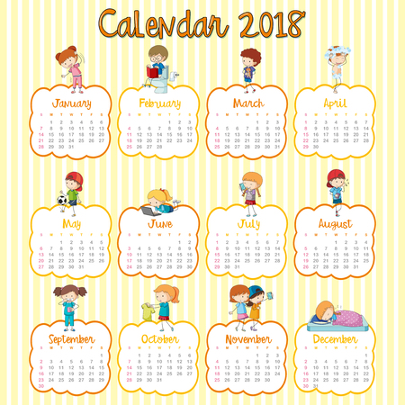 2018 calendar template with many children for each month illustrationのイラスト素材