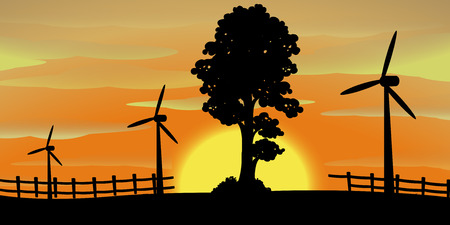 Silhouette scene with wind turbines in the field illustrationのイラスト素材