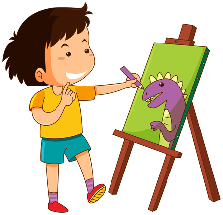 Little boy drawing dinosaur on canvas illustrationのイラスト素材
