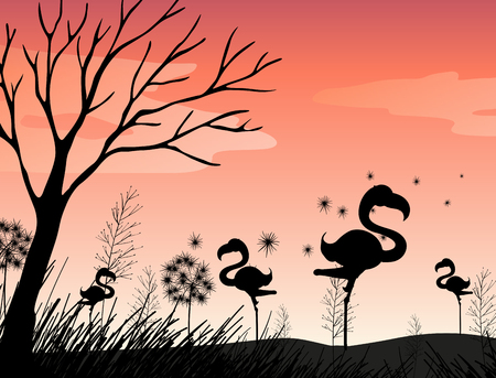 Silhouette scene with flamingo in the field illustrationのイラスト素材
