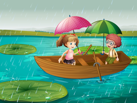 Scene with boy and girl rowing boat in the rain illustrationのイラスト素材