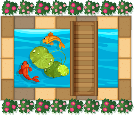 Pond scene with fish and waterlily illustrationのイラスト素材