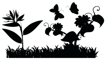 Silhouette garden scene with butterflies illustrationのイラスト素材