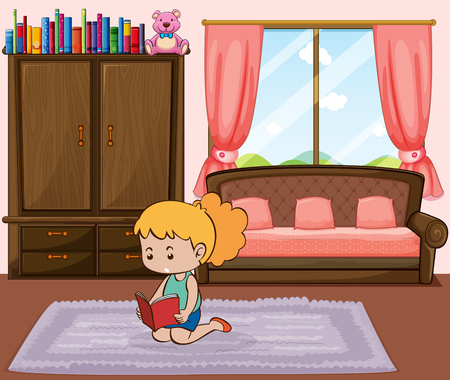 Little girl reading book in bedroom illustrationのイラスト素材