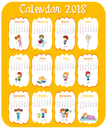 Calendar template for 2018 with kids illustrationのイラスト素材