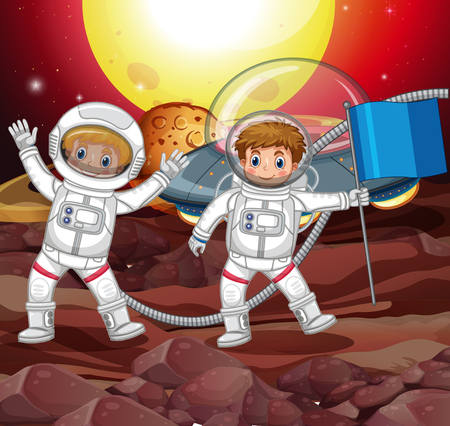 Two astronauts on strange planet illustrationのイラスト素材