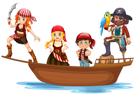 Pirate and crew on wooden ship illustrationのイラスト素材