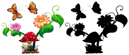 Butterflies and mushroom in garden illustrationのイラスト素材