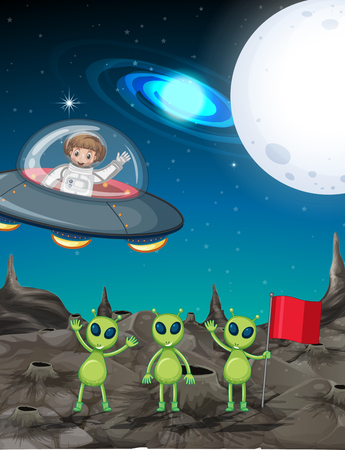 Space theme with astronaut and three aliens illustration.のイラスト素材