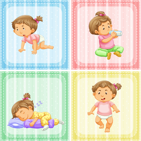 Four actions of little girl illustrationのイラスト素材