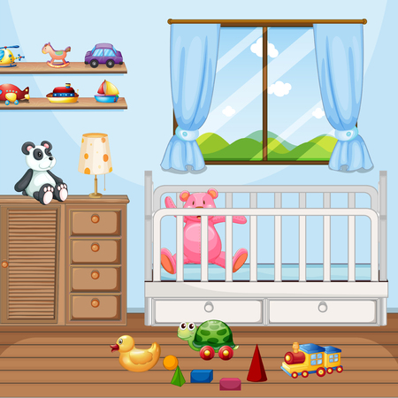 Bedroom scene with babycot and many toys illustrationのイラスト素材