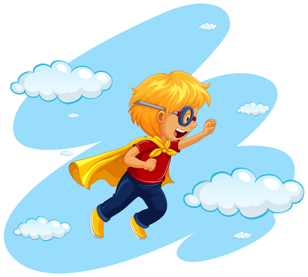Boy in hero costume flying in sky illustrationのイラスト素材